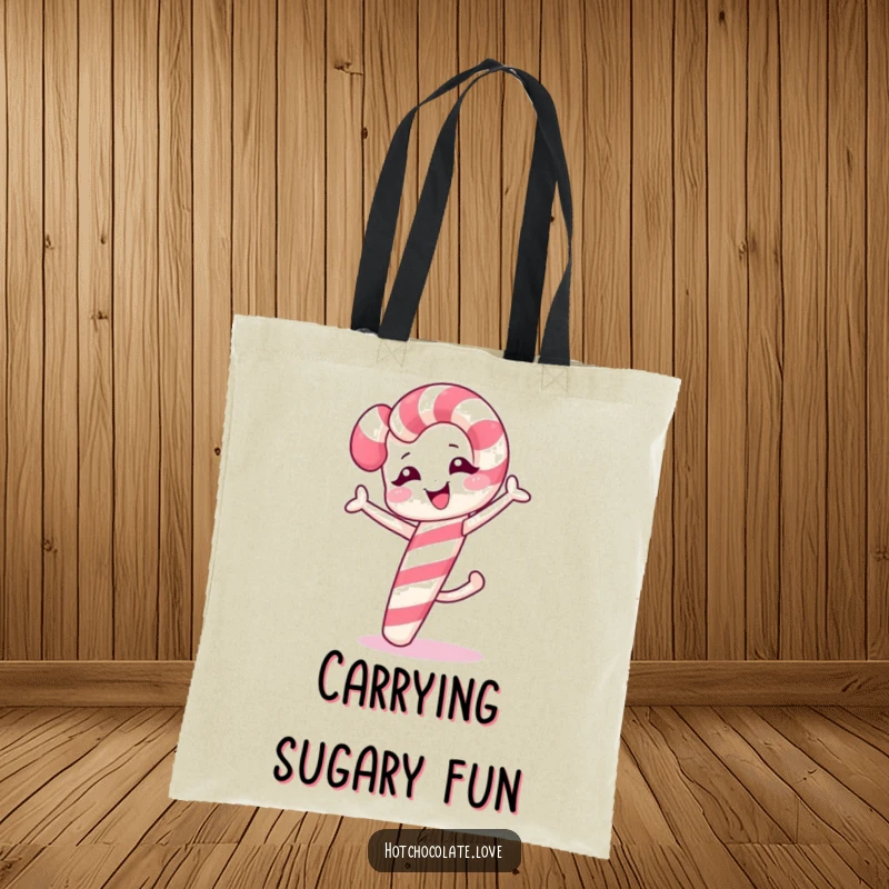 Funny winking candy cane doing a cartwheel, printed on a durable and stylish tote bag.