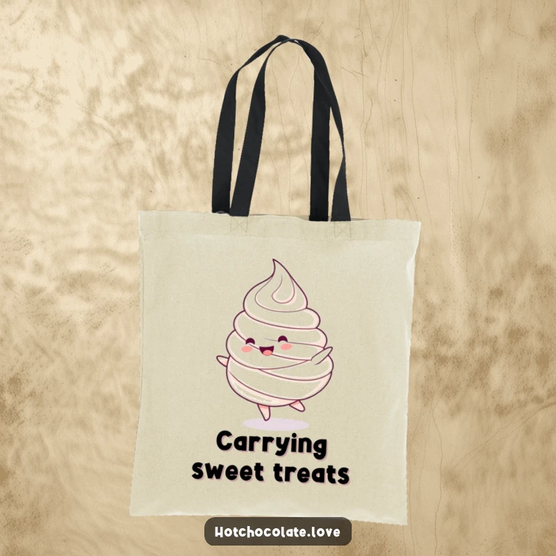 Funny tote bag: A charming whipped cream dollop character doing a happy spin. Cute and functional accessory.