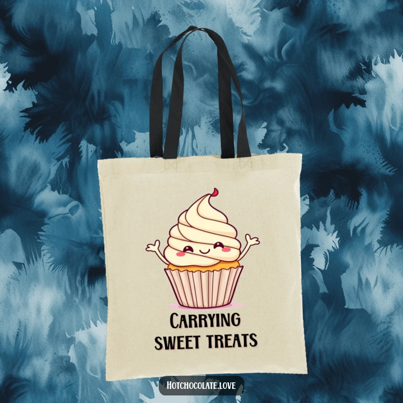 Funny tote bag featuring a happy, steaming cupcake enthusiastically doing a little dance.