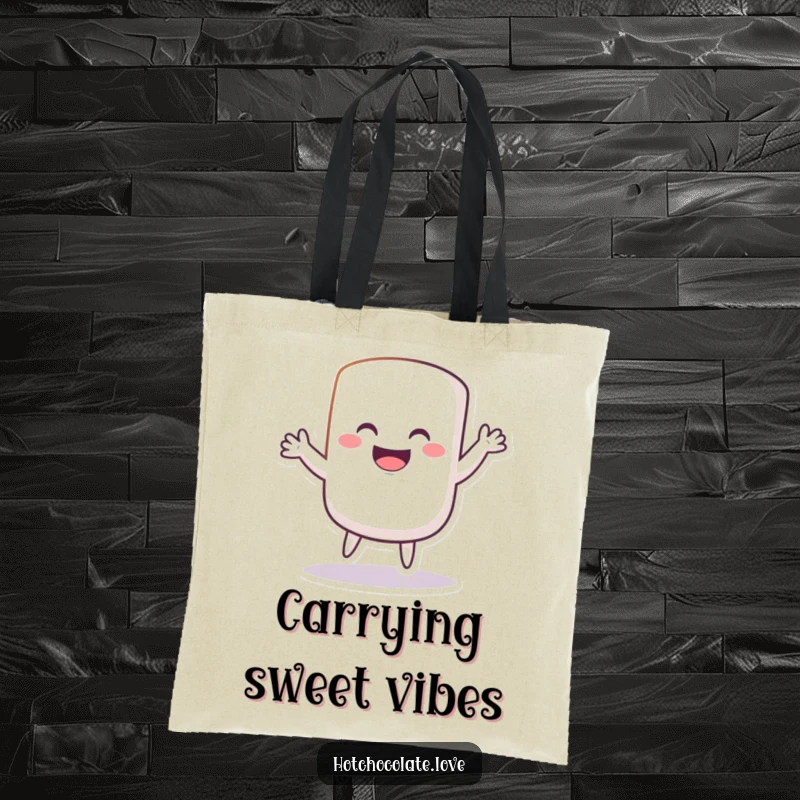 Funny Tote Bag featuring a grinning marshmallow performing a silly dance, ideal for carrying items with a touch of humor.