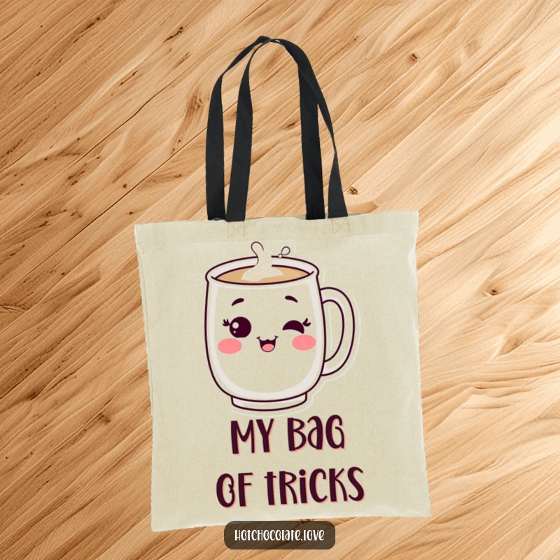Funny tote bag: A bubbling coffee mug character winking contentedly. Whimsical and practical accessory.
