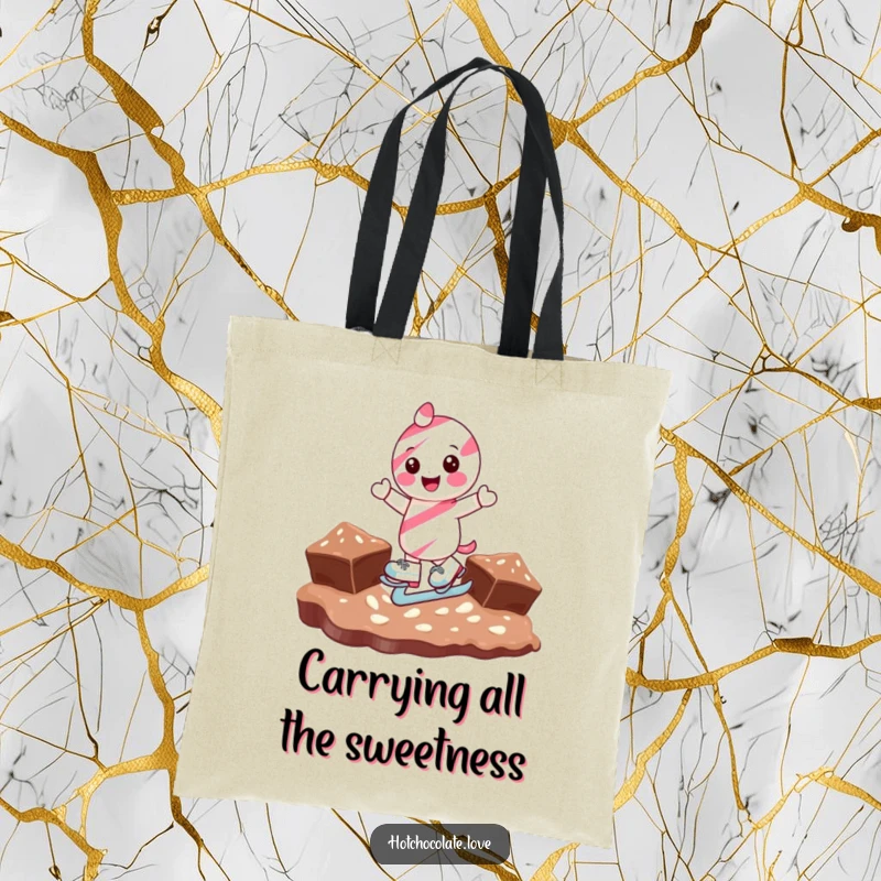 Funny candy cane character ice skating on chocolate, featured on a durable tote bag for a humorous and practical accessory.
