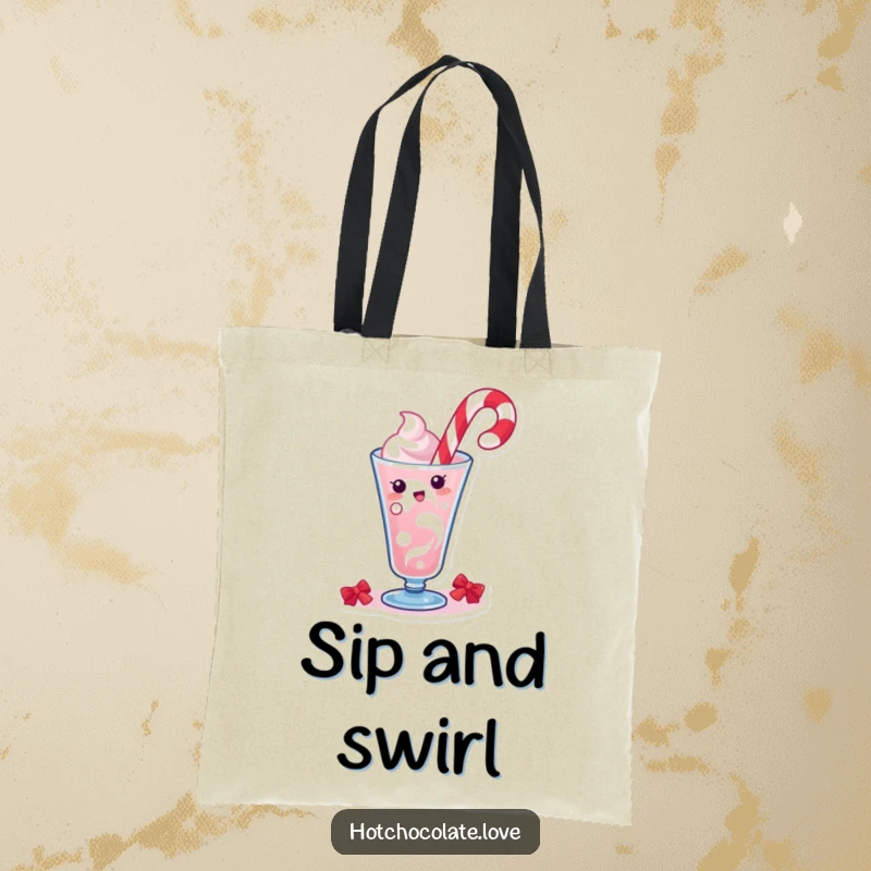 Funny tote bag with a lively candy cane character doing a spirited swirl in a festive drink, perfect for holiday shopping.