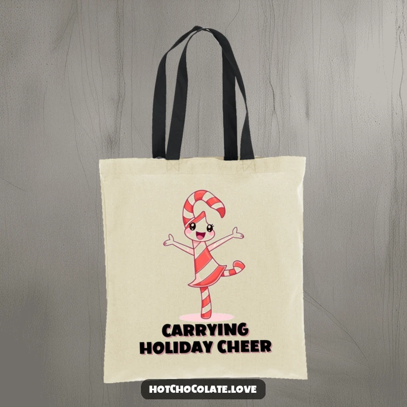 Funny Candy Cane Tote Bag featuring a delighted candy cane doing a silly pirouette with striped design, perfect for festive outings.