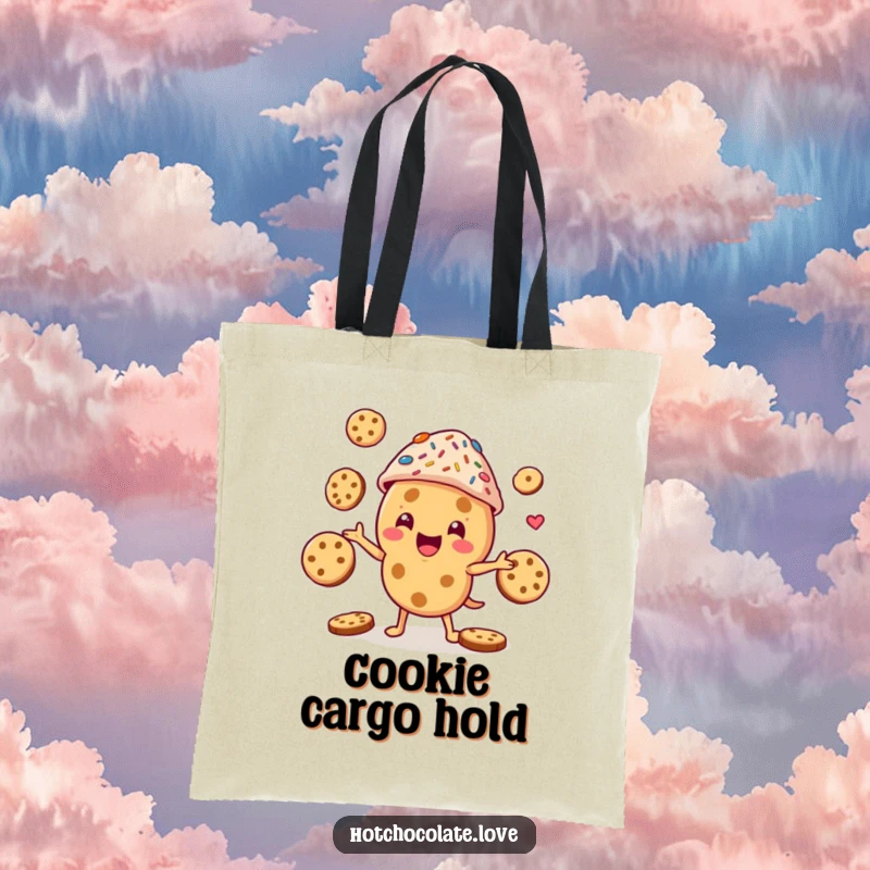 Funny cookie character in a festive sprinkle hat, juggling cookies, a durable and humorous tote bag.