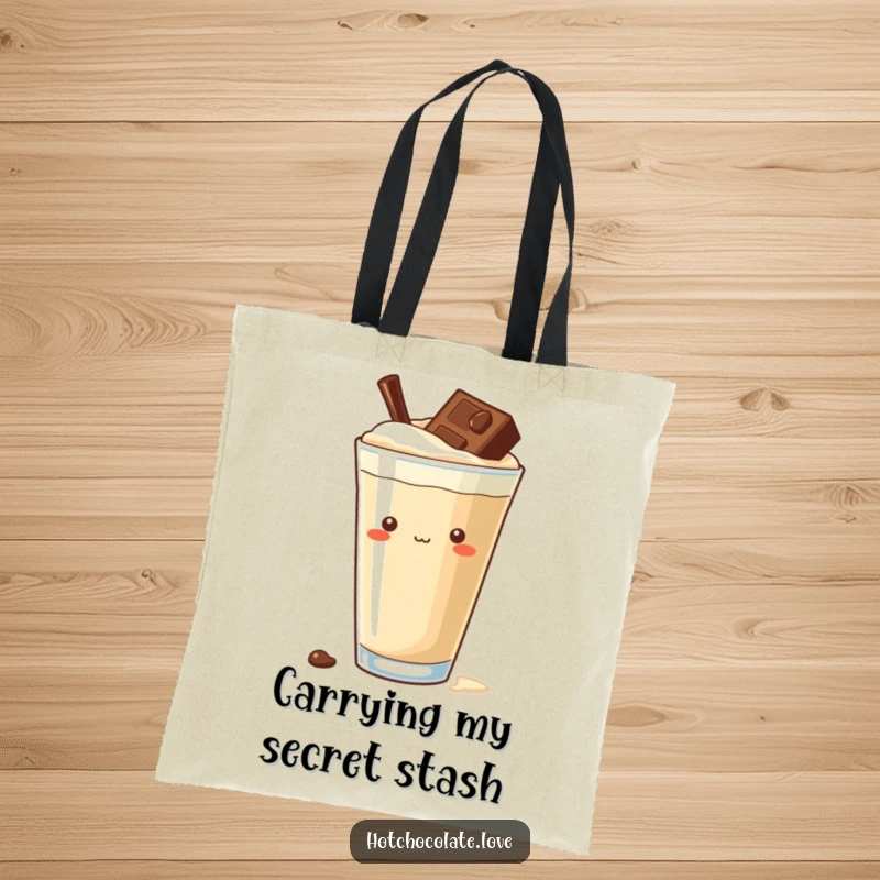 Funny curious chocolate chip tote bag, peeking from a rich drink, perfect for carrying items with a touch of playful intrigue.