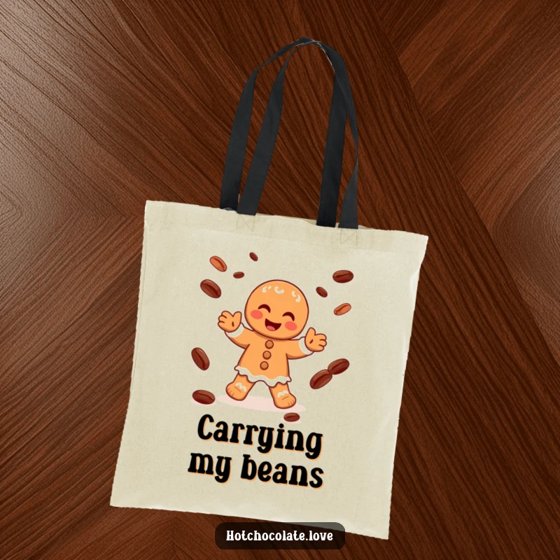 Funny tote bag with a happy gingerbread man character gleefully juggling cocoa beans, ideal for holiday shopping.