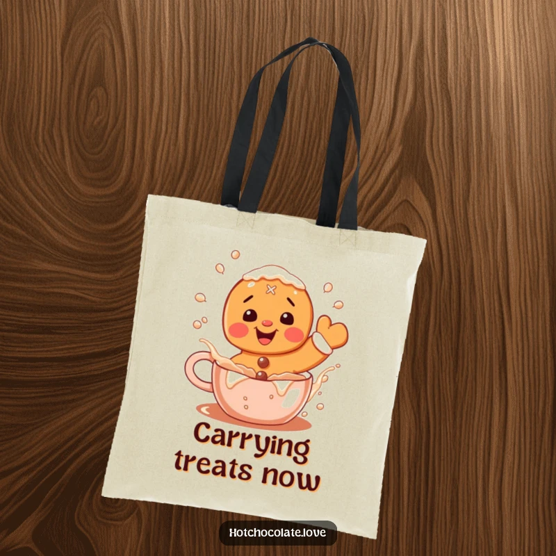 Funny Gingerbread Tote Bag: A delighted gingerbread man playfully splashing in hot cocoa, perfect for carrying festive treats.
