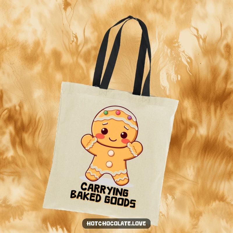 Funny tote bag with a delightful gingerbread cookie character whose frosted hands are clapping.