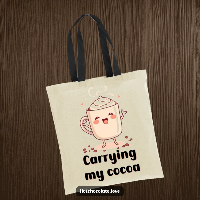 Funny tote bag with a steaming mug of hot chocolate personified, joyfully dancing, ideal for carrying items with a dose of warmth and humor.