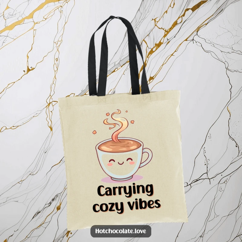 Funny Hot Chocolate Tote Bag: A smiling cup of delicious hot chocolate with steam playfully swirling, embodying warmth and joy.