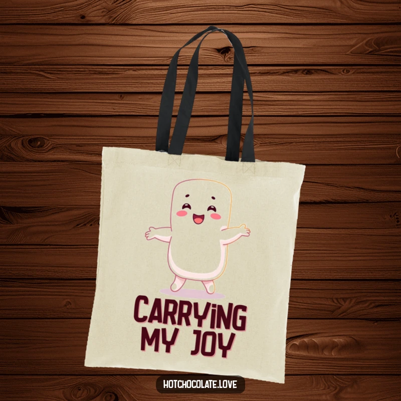 Funny Marshmallow Tote Bag: A happy marshmallow person is shown performing a delightful dance, bringing cheer to your travels.