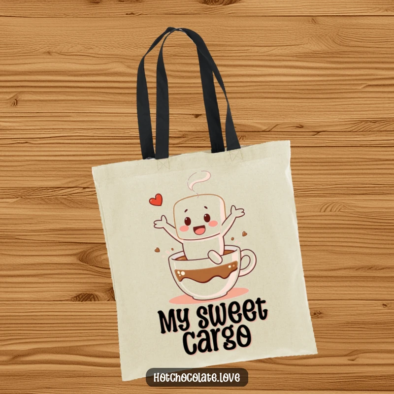 Funny tote bag with a cheerful marshmallow character diving into hot chocolate, ideal for carrying essentials with a dose of sweet humor.