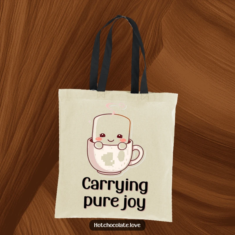 Funny Marshmallow Tote Bag: A smiling marshmallow character peeking from a steaming mug, perfect for carrying daily essentials.