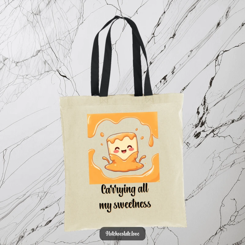 Funny tote bag showcasing a joyful caramel cube character melting dramatically into a delicious creamy substance, a humorous everyday accessory.