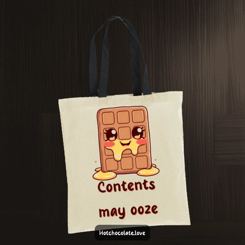 Funny melting chocolate bar tote bag featuring a happy, melting chocolate character, ideal for stylish and cheerful shopping.