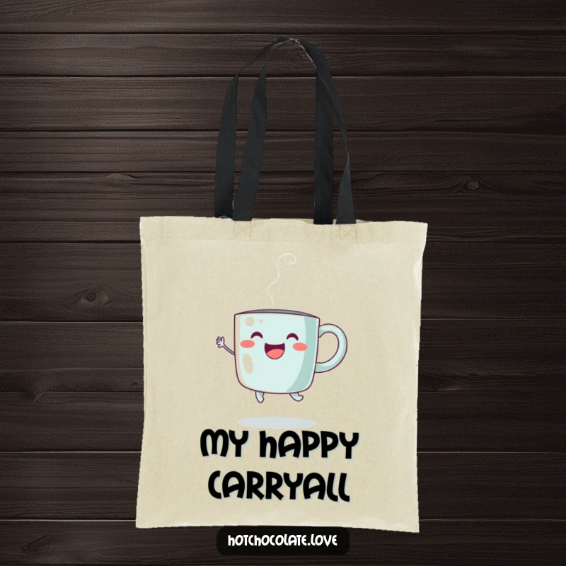 Funny Tote Bag featuring a happy steaming mug performing a joyful jump, ideal for carrying items with a humorous touch.