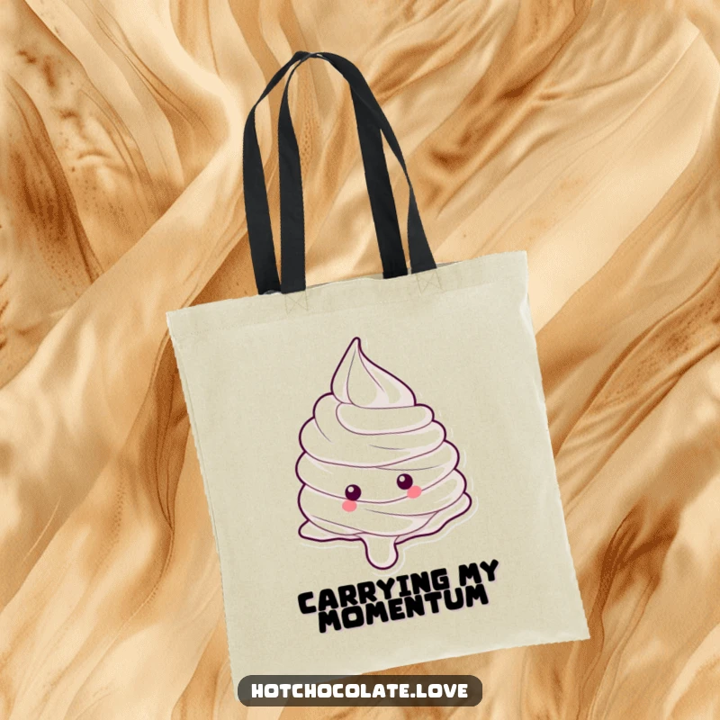 Funny whipped cream dollop in motion, rolling with excitement on a durable and stylish tote bag.