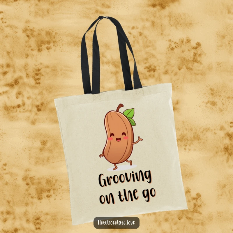Funny tote bag with a delighted cocoa bean offering a tiny smile and performing a little jig.