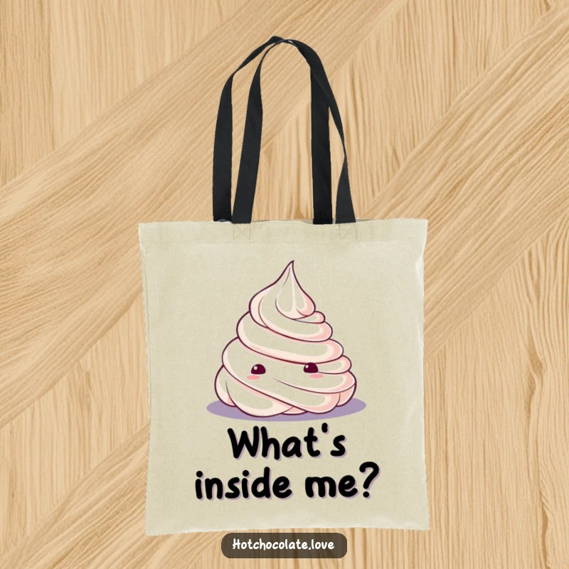 Funny Tote Bag featuring a curious whipped cream dollop, perfect for carrying groceries or daily items with a hint of sweetness.